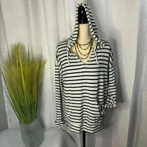 BLUE Saks Fifth Avenue Women’s Large Long Sleeve V-Neck Striped Hoodie Pockets
